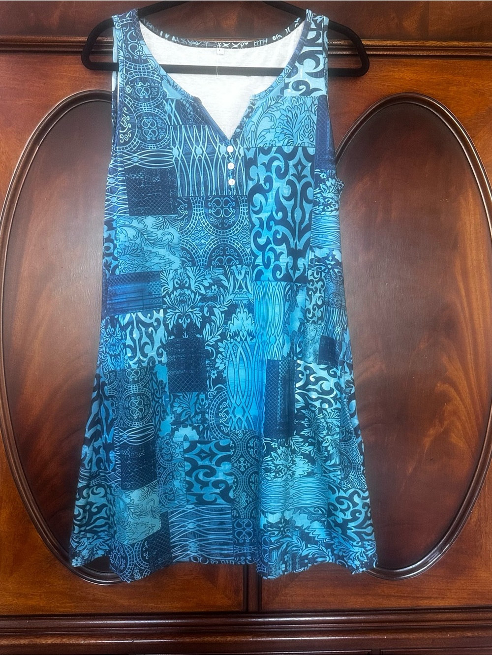 Blue Patchwork Print Summer Beach V-Neck Dress - Large
